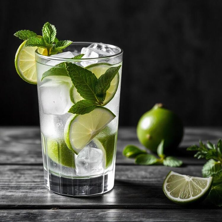 Mojito cocktail glass with ice pieces, fresh mint leaves and lime slices with tube