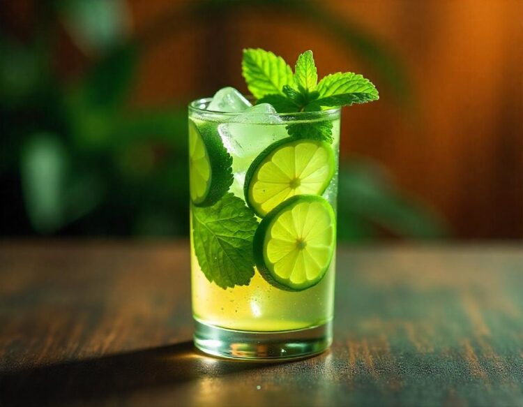 Mojito cocktail glass with ice pieces, fresh mint leaves and lime slices with tube