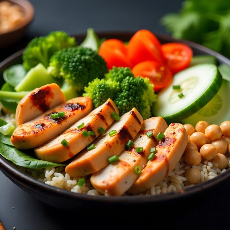 Nutritious quinoa salad bowl featuring chicken and fresh vegetables