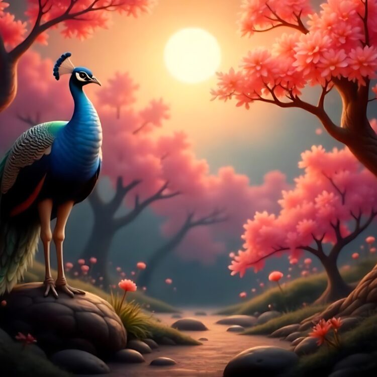 Peacock in the forest with fire in the style of psychedelic artwork