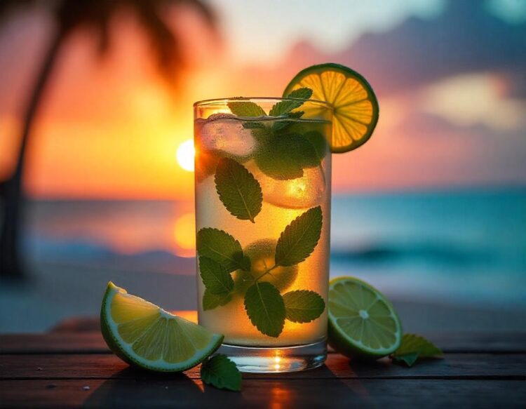 Photorealistic Decorations of Passionate Mojito Rum Mint Leaves Lime Wedges With Bubbles as Main Ob