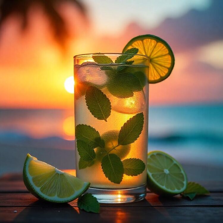 Photorealistic Decorations of Passionate Mojito Rum Mint Leaves Lime Wedges With Bubbles as Main Ob