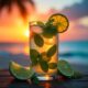 Photorealistic Decorations of Passionate Mojito Rum Mint Leaves Lime Wedges With Bubbles as Main Ob