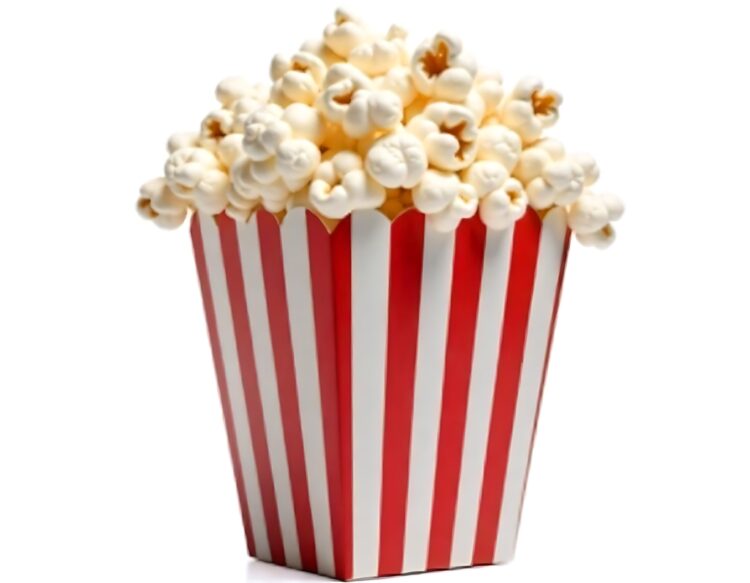 Popcorn bucket with movie clapperboard isolated on white background Watching films TV series premiere of a new movie concept Invitation to the cinema online cinema view television element PNG