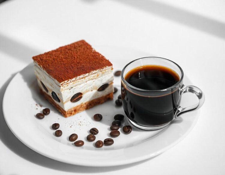 Portion of traditional italian tiramisu dessert and mocha coffee maker on grey concrete table
