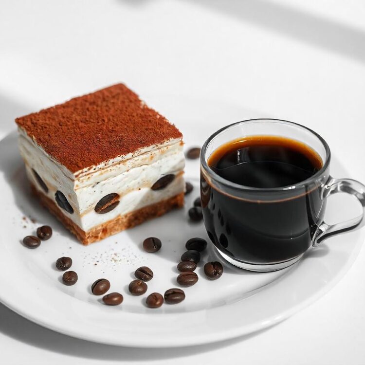 Portion of traditional italian tiramisu dessert and mocha coffee maker on grey concrete table