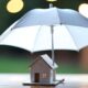 Protect property family home investment and financial savings concept Umbrella protecting wooden