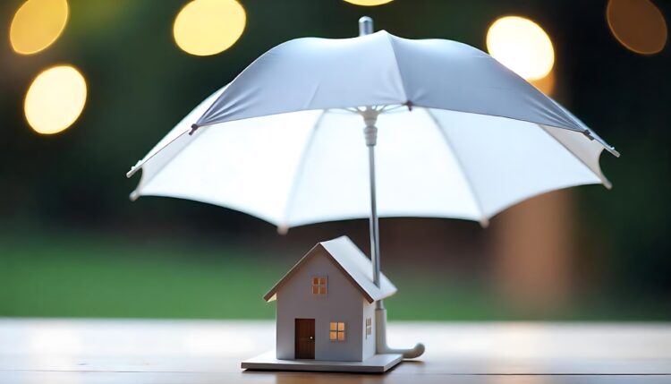 Protect property family home investment and financial savings concept Umbrella protecting wooden