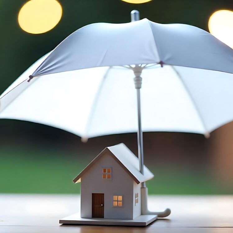 Protect property family home investment and financial savings concept Umbrella protecting wooden