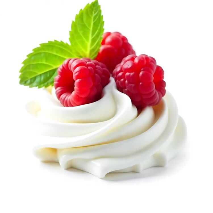 Raspberry with whipped cream on a spoon isolated on white background PNG