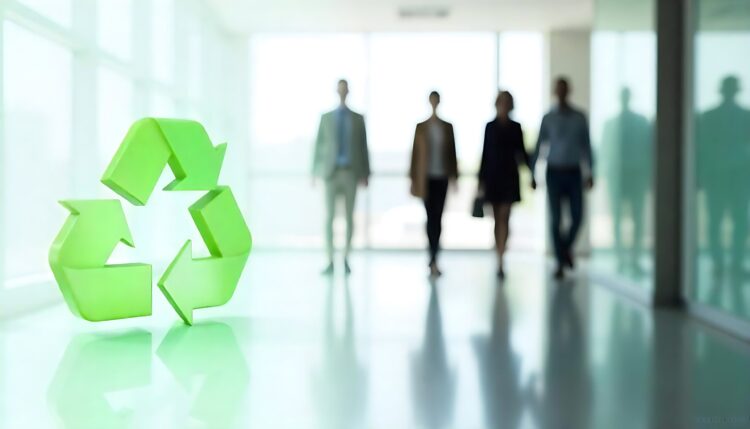 Recycle symbol mockup on a refrigerator magnet encouraging recycling habits at home