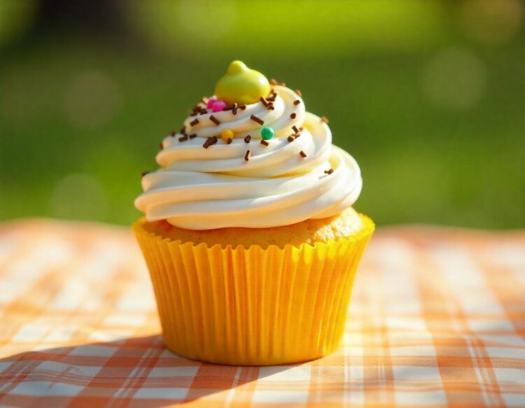 Repeating birthday cupcake on yellow background with space for text