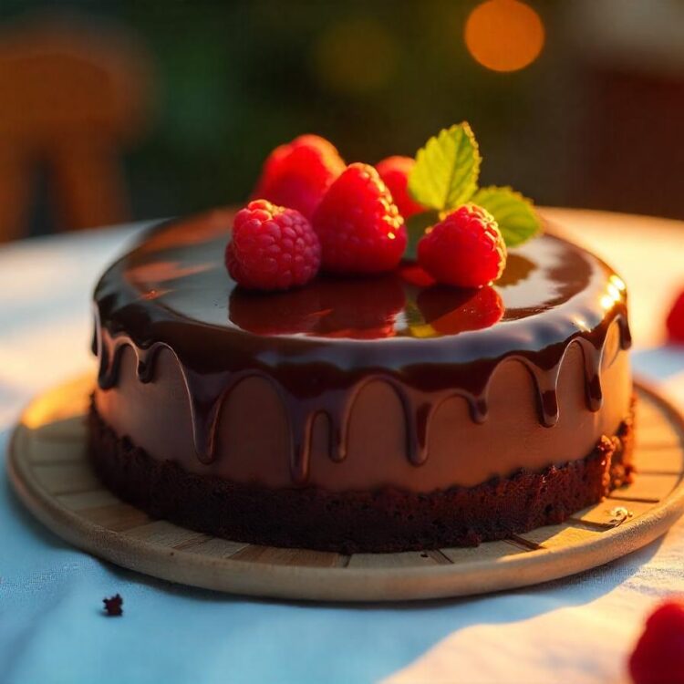 Rich Chocolate Cheesecake with a Fresh Strawberry Topping and a Light Mint Garnish