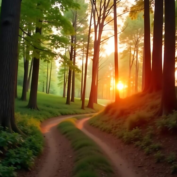 Scenery summer park forest landscape with trees and path in sun rays nature background