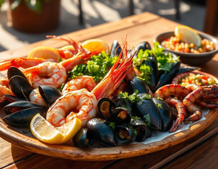 Seafood platter with lobster shrimps mussels scallops clams and oysters on wooden table