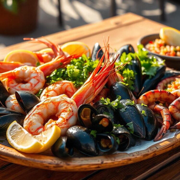 Seafood platter with lobster shrimps mussels scallops clams and oysters on wooden table