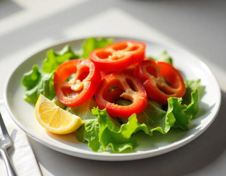 Shrimp salad with peaches, tomato, avocado and lettuce