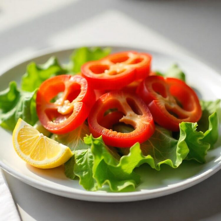 Shrimp salad with peaches, tomato, avocado and lettuce