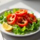 Shrimp salad with peaches, tomato, avocado and lettuce
