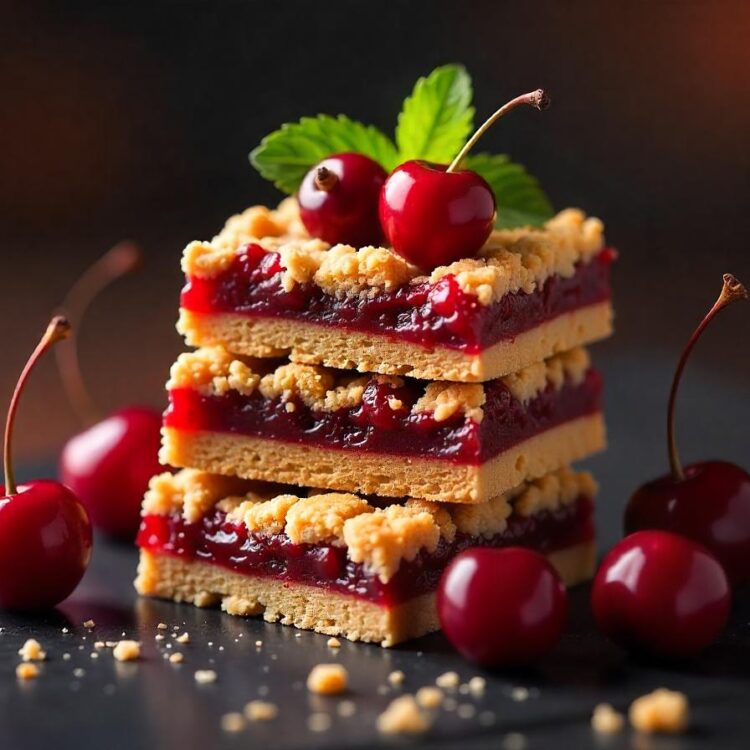 Stack of square slices of a pie with red cherry, black 