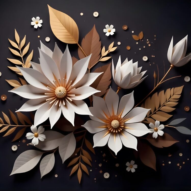 There are three paper flowers with gold leaves on a black background generative ai