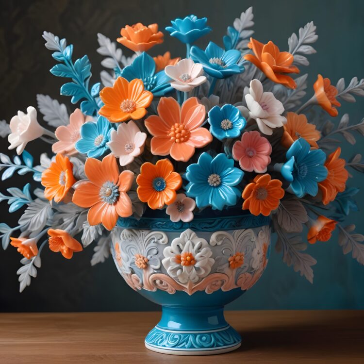 A decorative vase filled with vibrant flowers sits on a wooden table. The flowers, a mix of colorful roses, daisies, and lilies, are arranged beautifully, adding charm to the cozy setting. Soft natural light highlights the scene, creating a warm and inviting atmosphere.