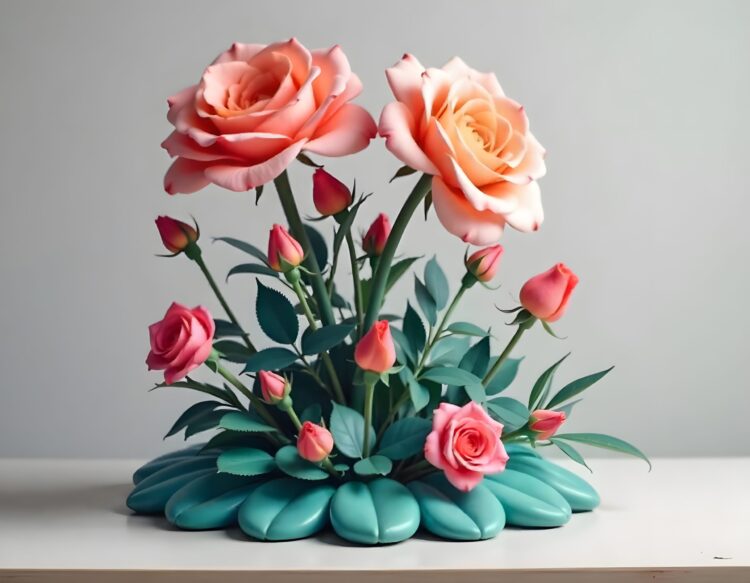 A flower arrangement with the word flowers on the top