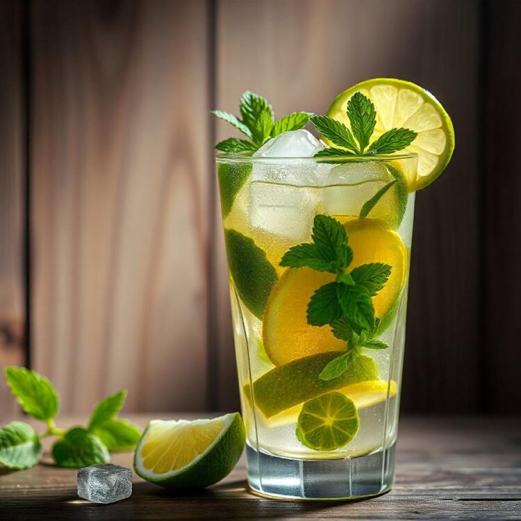 Tradition Summer drink mojito with lime and mint on white table