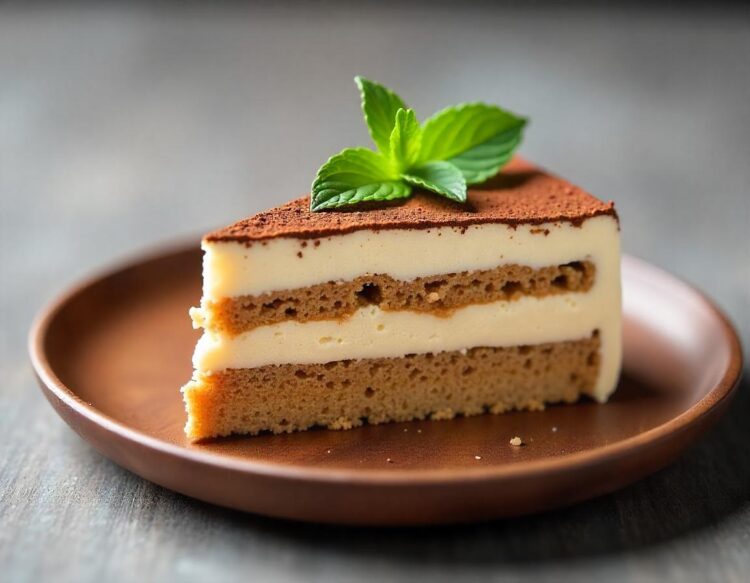 Traditional italic tiramisu square dessert portion on ceramic plate and strainer with cocoa powder