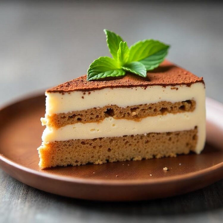 Traditional italic tiramisu square dessert portion on ceramic plate and strainer with cocoa powder