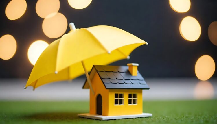Umbrella covering house miniature on yellow background home insurance concept AI