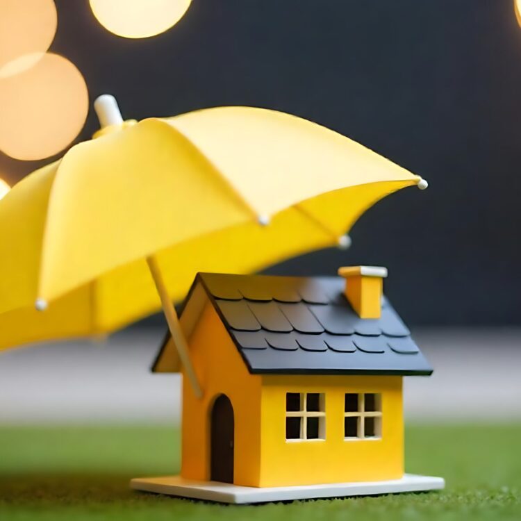 Umbrella covering house miniature on yellow background home insurance concept AI