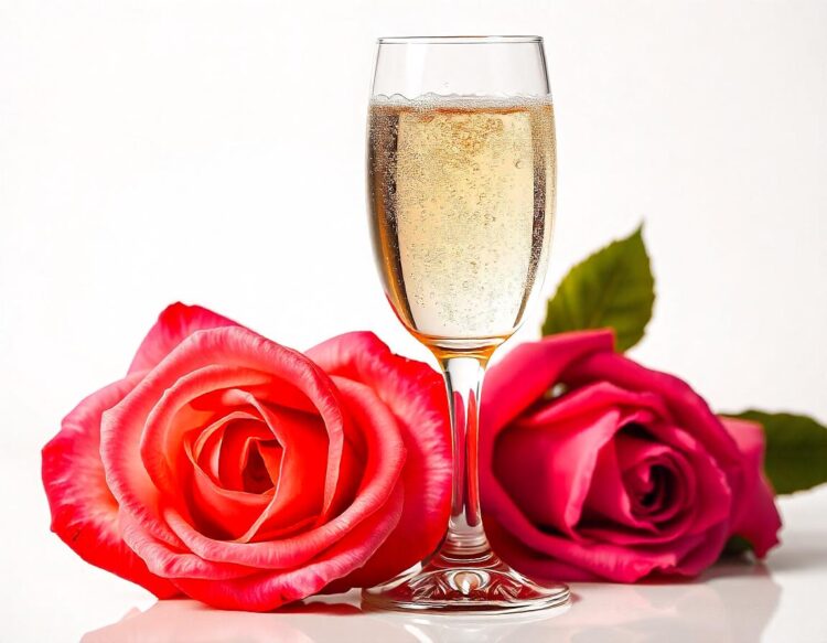 Valentine's day roses and champagne wine isolated on white — Photo