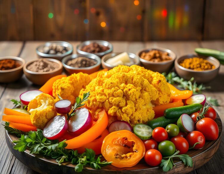 Vegetable salad in a white ceramic platter with colorful foods