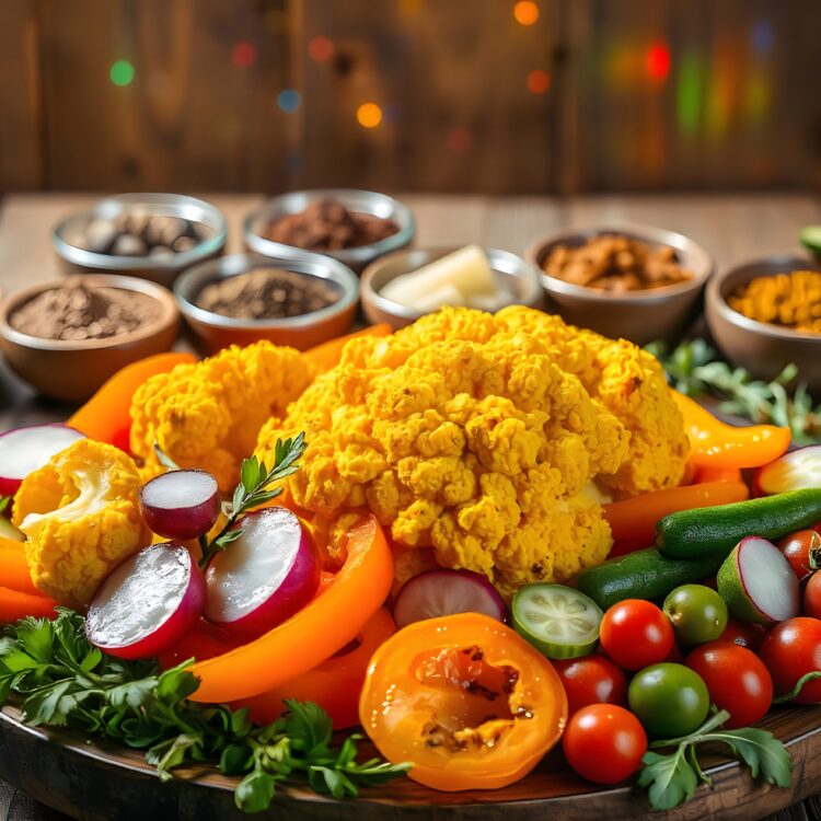 Vegetable salad in a white ceramic platter with colorful foods