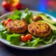 Veggie patty cutlet with lentils, vegetables and arugula.