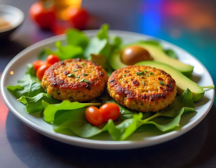 Veggie patty cutlet with lentils, vegetables and arugula.