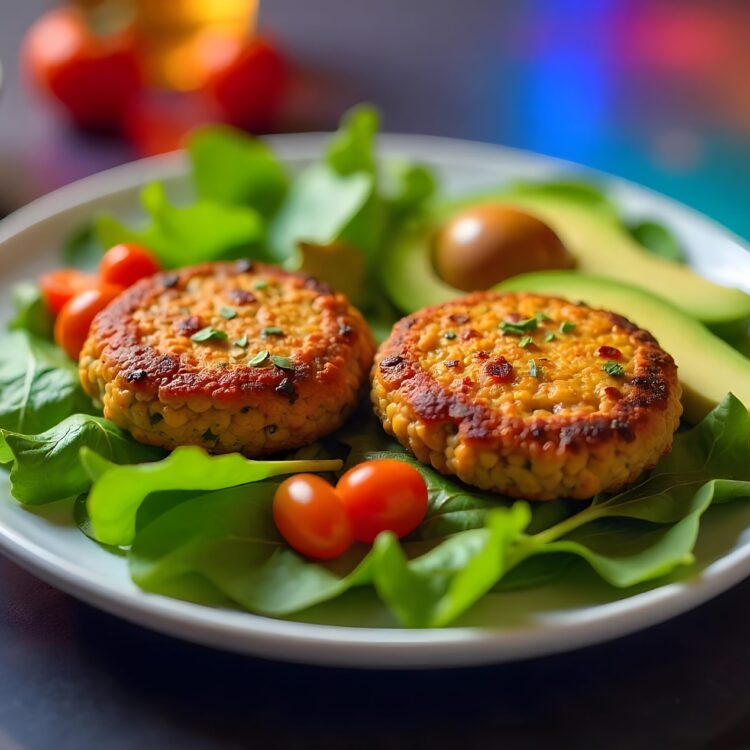 Veggie patty cutlet with lentils, vegetables and arugula.