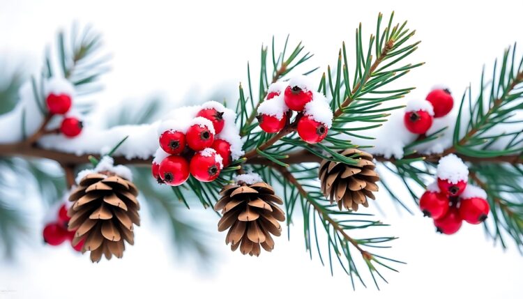 Winter still life from black grapes and red berries of viburnum on snow background