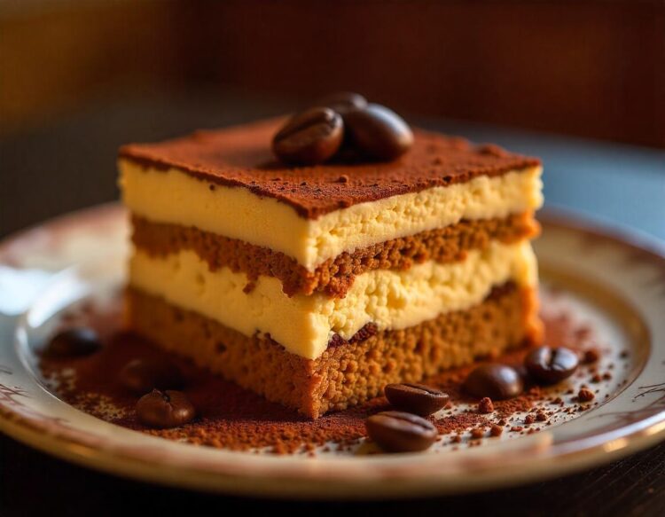 a luxurious tiramisu cake with layers of espressosoaked sponge and mascarpone