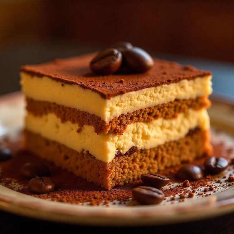 a luxurious tiramisu cake with layers of espressosoaked sponge and mascarpone