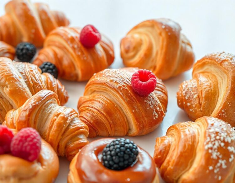breakfast fresh crispy croissant with raspberries