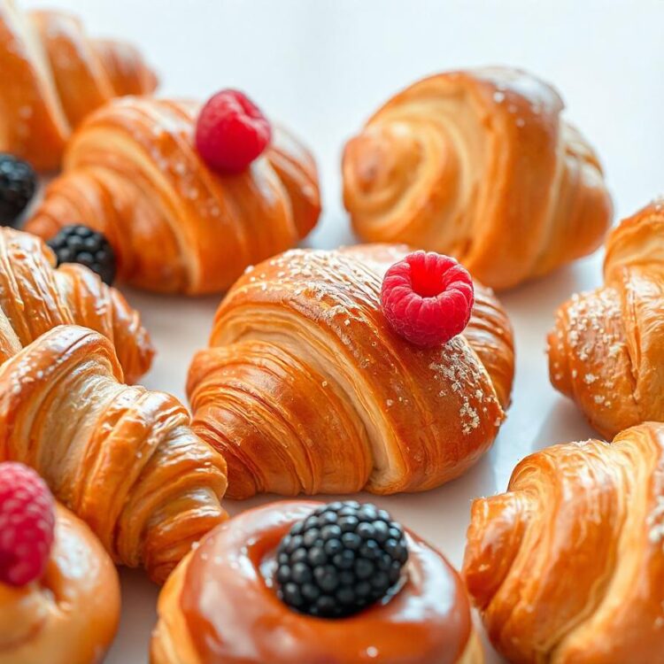 breakfast fresh crispy croissant with raspberries