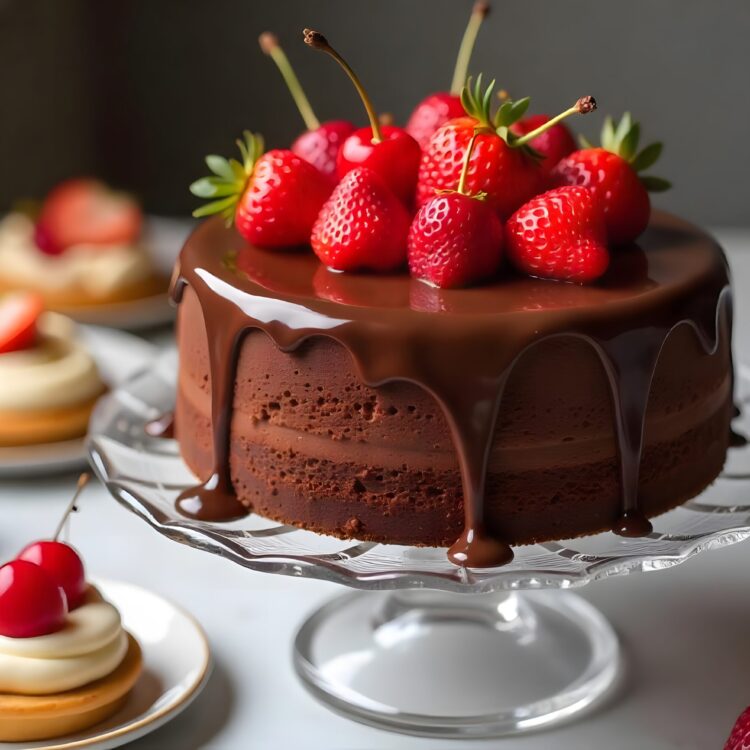 Delicious cake with cherry and strawberry on table