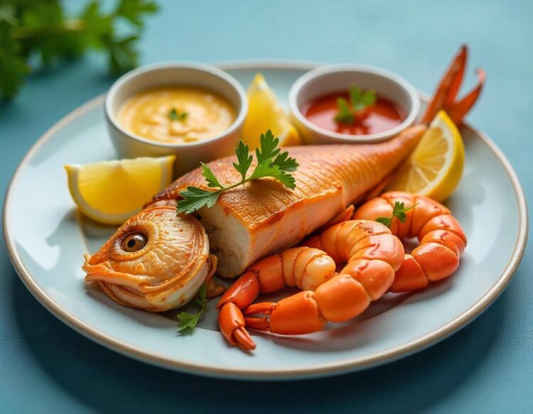 mix of delicious seafood on table