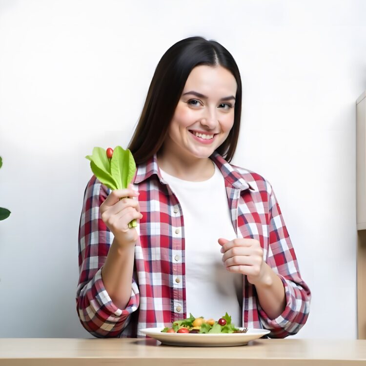 A Happy Woman With Vegetables In Modern Kitchen