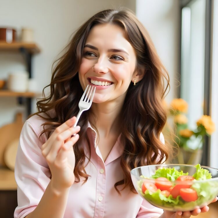 Happy Woman With Vegetables In Modern Kitchen