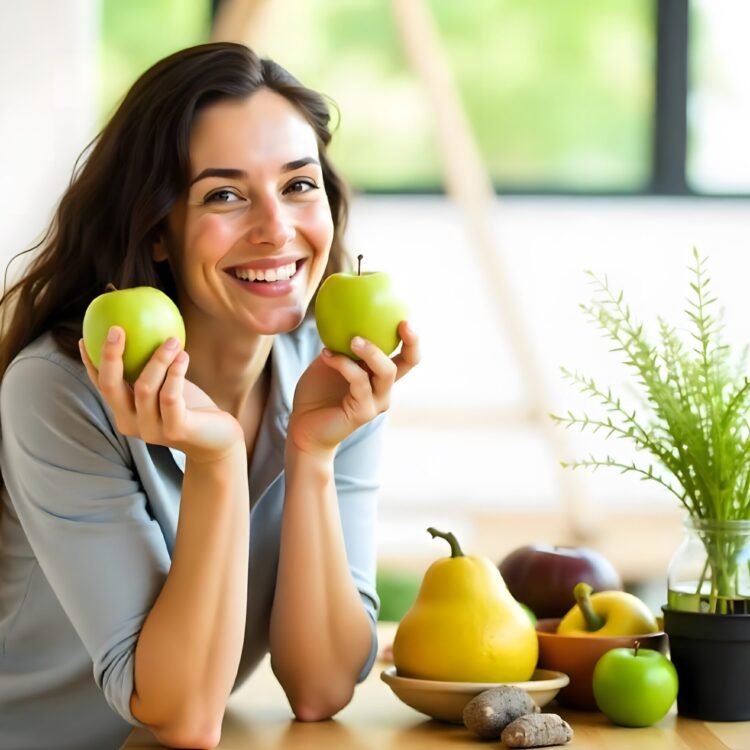 Happy Woman With Vegetables In Modern Kitchen