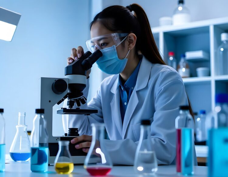 A Lab Technician In A Mask Examines Test Tubes And Utilizes A Microscope For Analysis