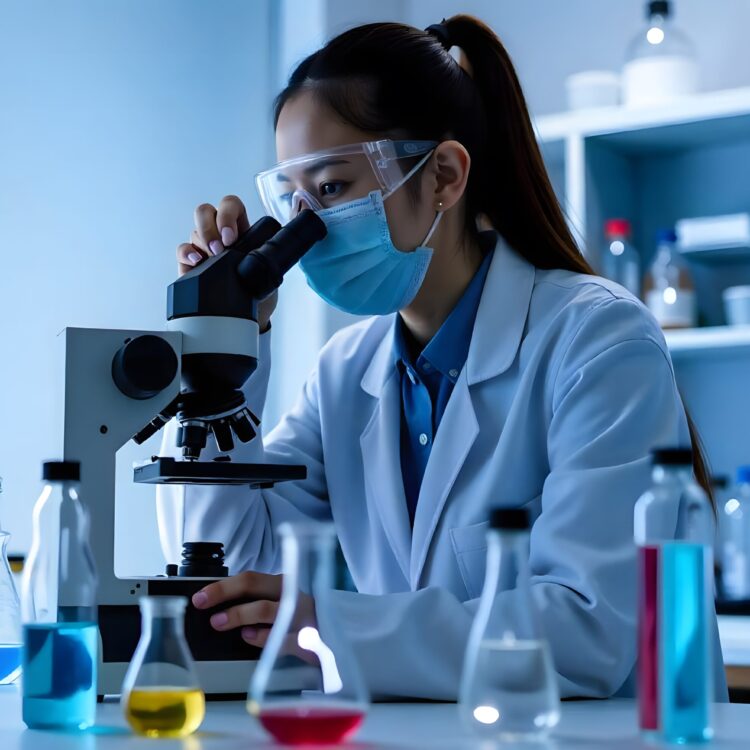 A Lab Technician In A Mask Examines Test Tubes And Utilizes A Microscope For Analysis